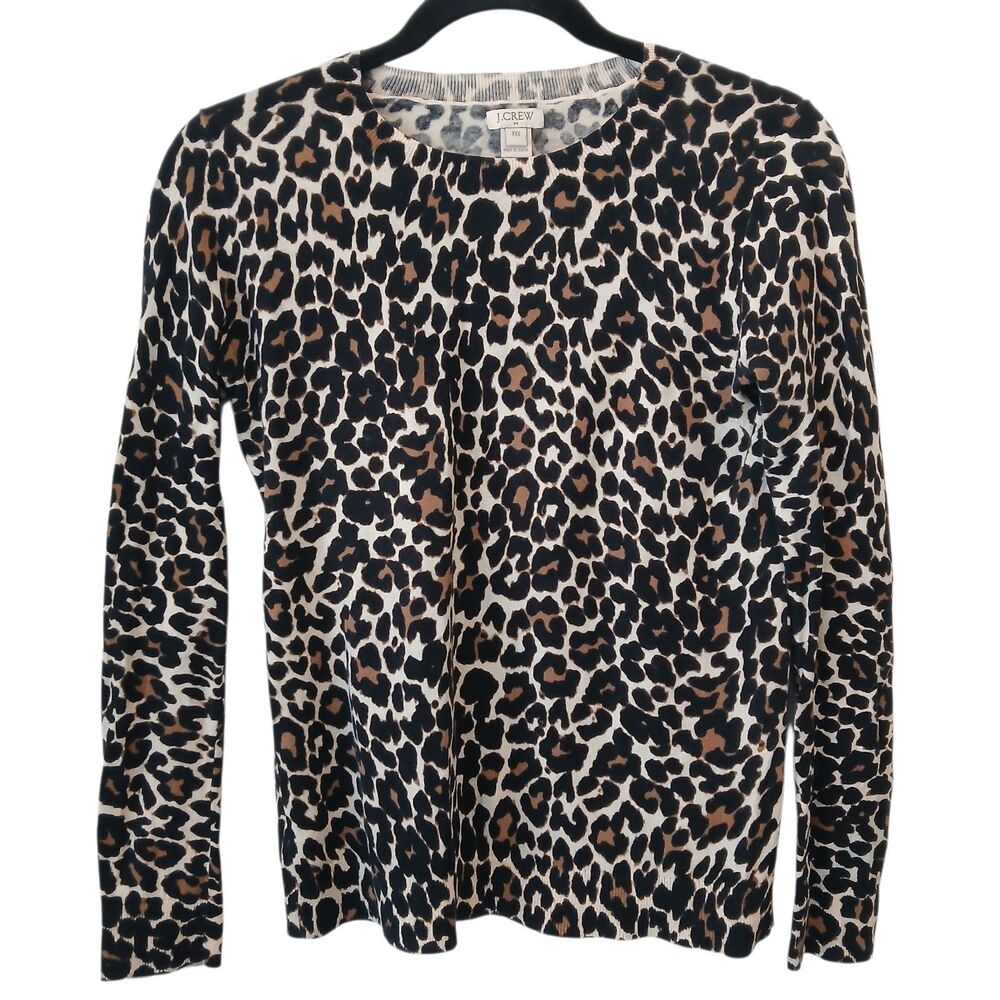 J Crew Size XXS Leopard 100% Cotton Long Sleeve Round Neck Pullover Sweater
